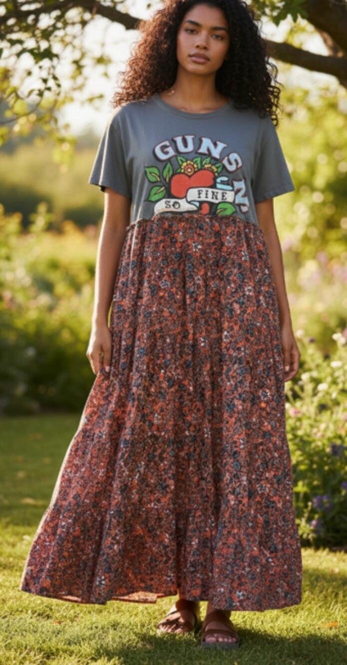 Guns n Roses Graphic Band T-Shirt Tiered Maxi Skirt Dress size Large